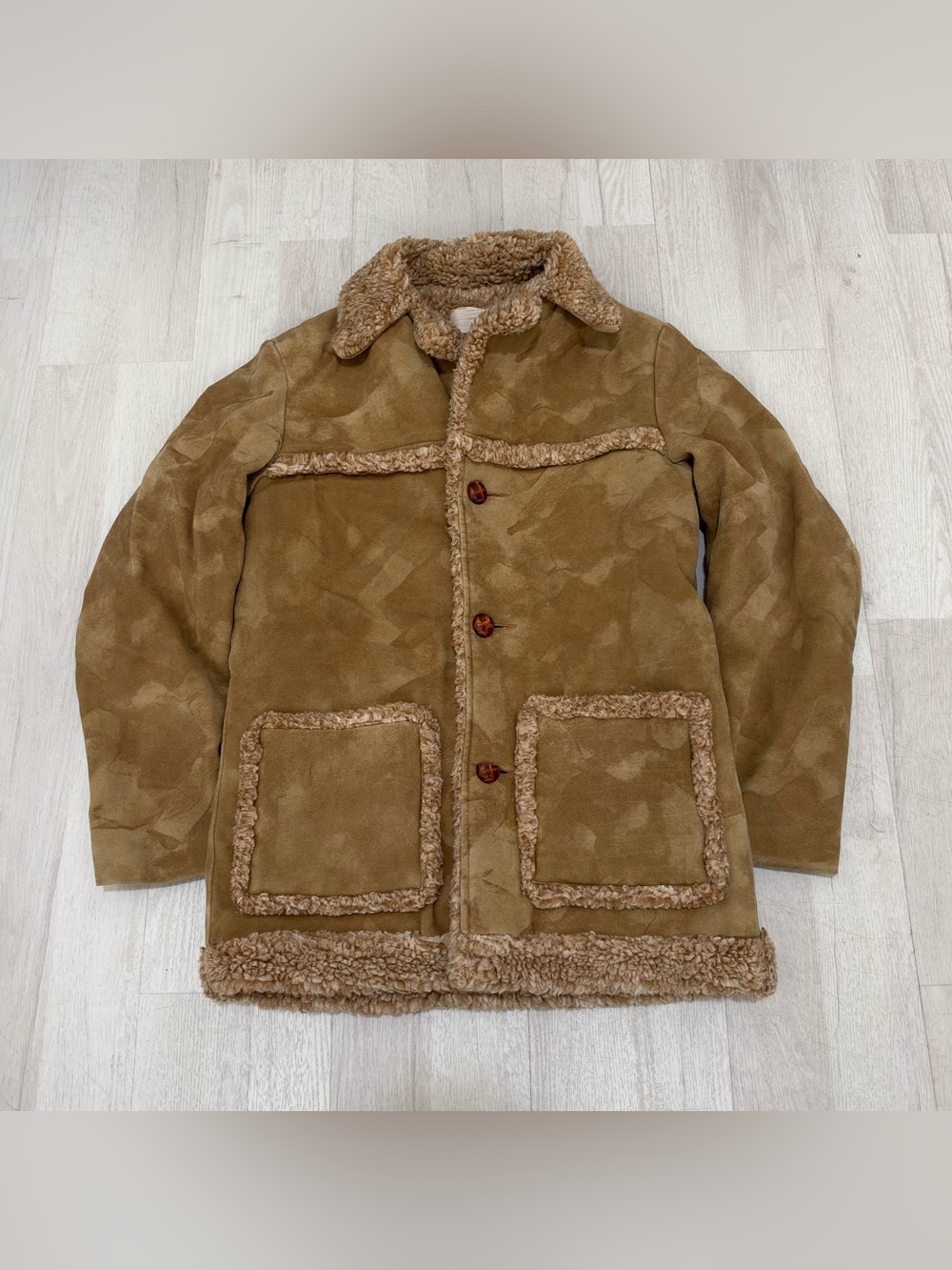 Vintage Women’s Faux Suede & Sherpa Trim Winter Coat (Camel / Tan) Size M APPRX